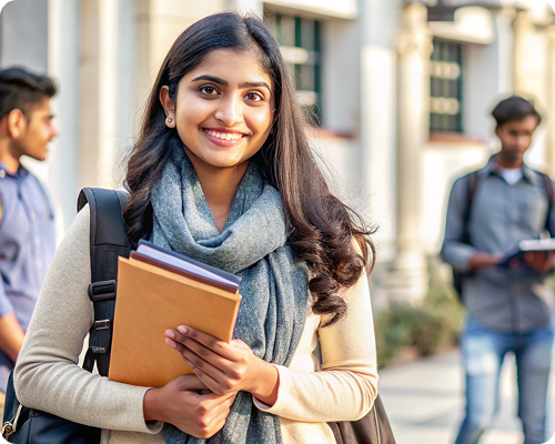 Smiling student holding books on campus